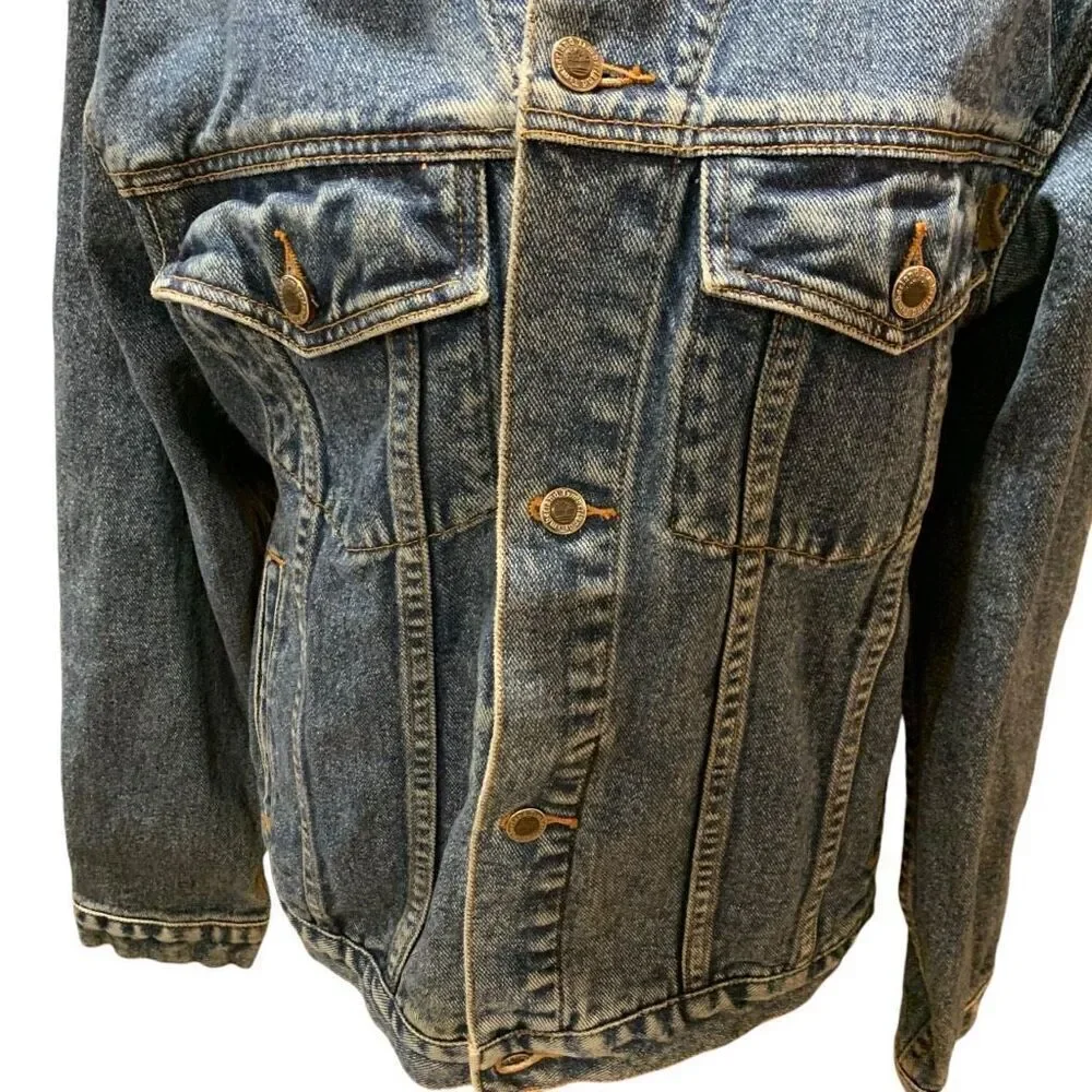 Timberland VTG 90s Jean Jacket Leather Trim Mid Wash Blue Western Trucker Men XS